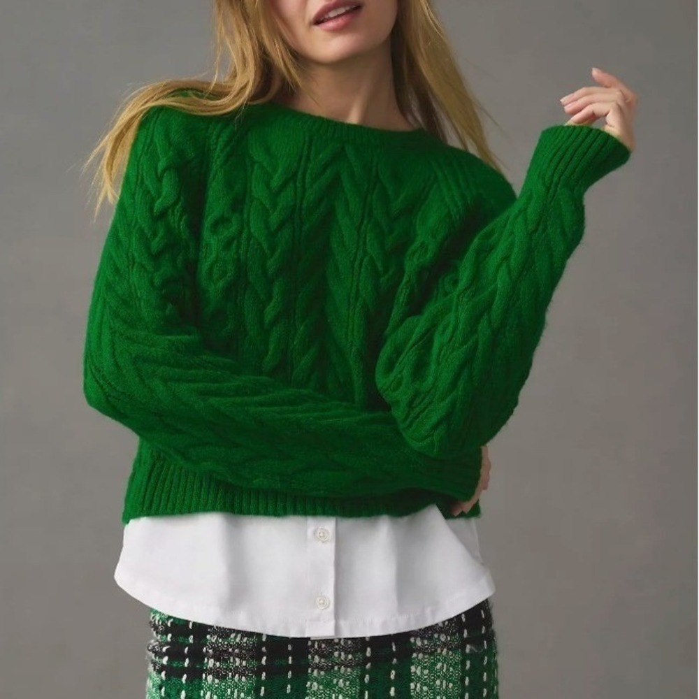 Maeve Anthropologie Layered Cable Knit Sweater XL Green Preppy Equestrian Chunky